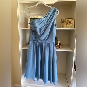 Dusty blue dress, tea length, off shoulder.